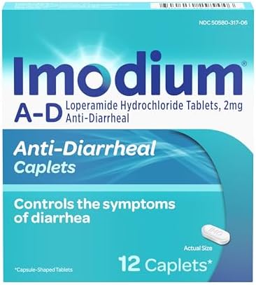 Imodium A-D Diarrhea Relief Caplets, 2mg Loperamide Hydrochloride, 24 Ct | Help Control Symptoms of Diarrhea, Due to Acute Traveler's Diarrhea, for Kids 6+ and Adults