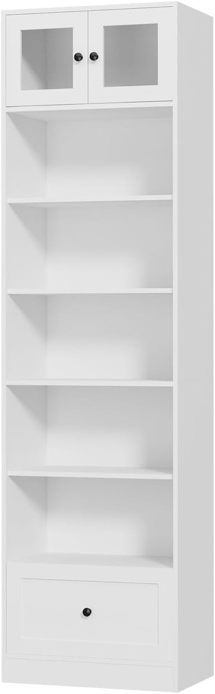 TUSY 85.5 Inch Tall Bookshelf with Doors - 7 Tier Bookcase with Glass Doors and Drawer, 23.6" Wide Storage Cabinet with Open Shelves for Living Room, White Book Shelf for Home Office, Study (AAAA)