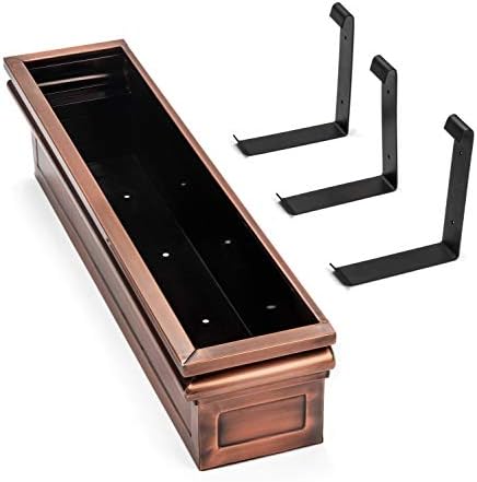 H Potter 36" Copper Finish Window Box Planter with Iron Brackets | Metal Outdoor Flower Box, Flat Back Design, Garden Accent