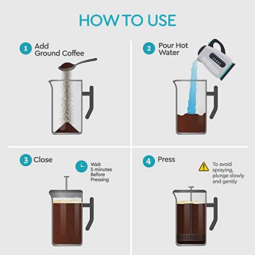 Belwares French Press Coffee Maker 34 Oz - Insulated Coffee Press Stainless Steel 304 - Double Wall & 4 Level Filtration System (1 Liter) - Black
