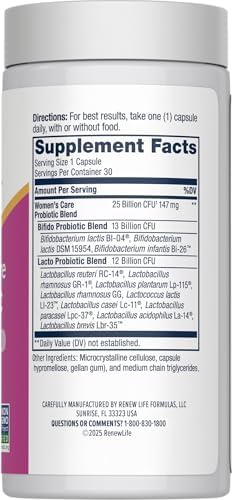 Renew Life Women's Probiotic 25 Billion CFU | 30 Vegetarian Capsules | Supports Urinary, Digestive, and Immune Health | Dairy, Soy and Gluten-Free Supplement