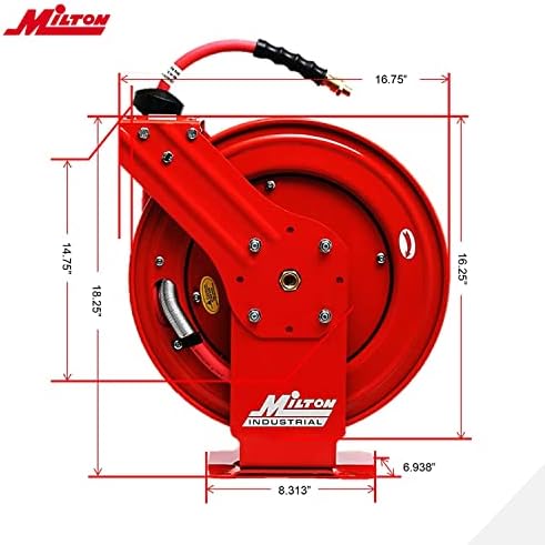 MILTON Strength Air Hose Reel w/Auto- Retractable Steel Dual Arm, 3/8" MNPT x 50 ft. Hybrid Rubber Hose - 300 Max PSI, Red - 2770-50D
