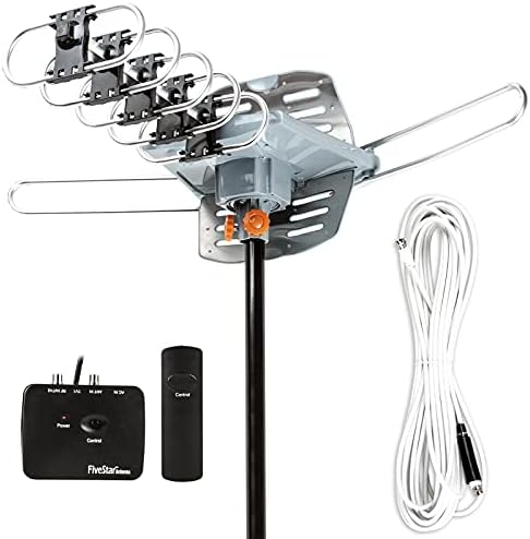 Five Star Outdoor 150 Mile Motorized 360 Degree Rotation OTA Amplified HDTV Antenna for 2 TVs Support - UHF/VHF/1080P Channels Wireless Remote
