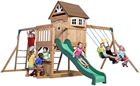 Backyard Discovery Montpelier Cedar Wood Swing Set, Wave Slide, Clubhouse, Monkey Bars, Picnic Area, Snack Bar, Belt Swings, Trapeze, Balcony