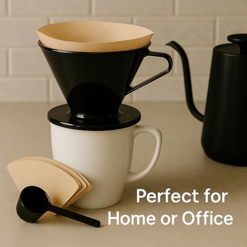 Single Cup Pour Over Coffee Dripper with Scoop & 10 Filters – #2 Cone Style Manual Brewer, BPA-Free Plastic, Portable Dishwasher Safe Coffee Maker