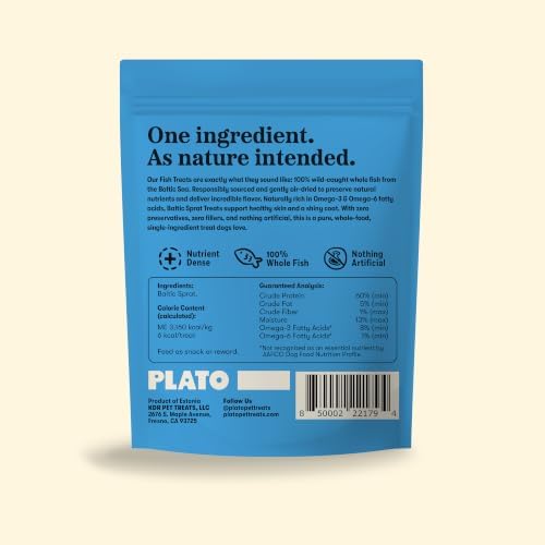 PLATO Single Ingredient Wild-Caught Baltic Sprat Dog Treats, Air-Dried Whole Fish, Omega-Rich Skin & Coat Support, 3 oz