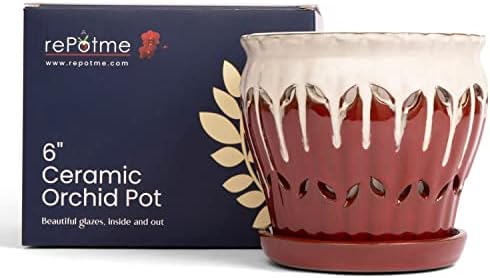 rePotme 6" Pinwheel Fluted Ceramic Plant Pot (Cream Over Lavender) - Includes Free 6 inch Slotted Pot Liner - Great for Orchids, Succulents