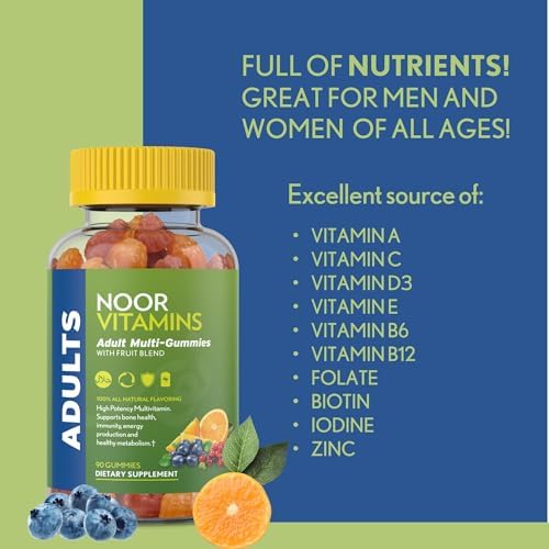 Noor Vitamins Halal Adult Multivitamin Gummy with Organic Fruit Blend for Men and Women; Non-GMO, Gluten Free, Gelatin Free Halal Vitamins - 90 Count