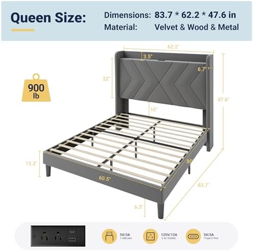 Allewie Full Size Platform Bed Frame with Charging Station and Storage Shelf/Upholstered Velvet Wingback Headboard/Wooden Slats Support/No Box Spring Needed/Easy Assembly, White