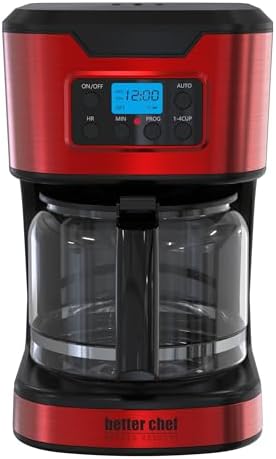 Better Chef Programmable 12-Cup Coffee Maker | 1-4 Cup Setting | Auto-Pause to Serve | 2hr Keep Warm | Perma-Filter | Stainless (Red)
