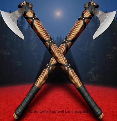 Poshland AX-7000 Custom Gift Forged Carbon Steel Viking Axe with Rose Wood Shaft, Viking Bearded Camping Axe