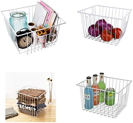 Freezer Organizer Bin, Kitchen Metal Wire Storage Basket, Pantry Cupboard Household Container Divider with Handles, Bathroom, Closet, Bedroom, Office