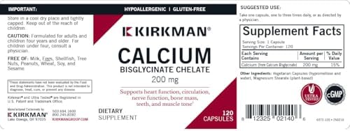 Kirkman - Calcium Bisglycinate Chelate 200mg - 120 Capsules - Without Vitamin D3 - Helps Maintain Strong Bones - Hypoallergenic