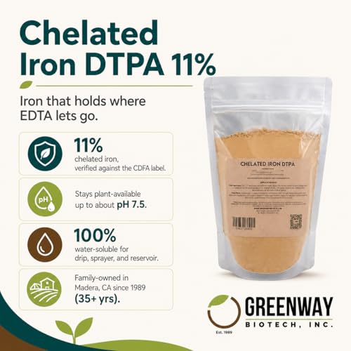 Greenway Biotech, Inc. Chelated Iron DTPA 11% - for Alkaline Soils (pH 4.0-7.5) - 100% Water Soluble Fertilizer for Citrus, Lawns & Hydroponics - Corrects Iron Chlorosis - Made in USA - 1 Pound