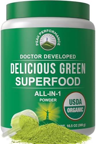 Peak Performance Organic Greens Superfood Powder. Best Tasting Super Greens | Powder with 25+ Organic Ingredients for Max Energy and Athletic Performance. Vegan Keto Green Juice Daily Drink