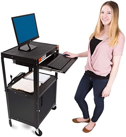 Line Leader AV Cart w/Locking Cabinet, Black Metal Utility Cart with Storage Shelf - Height Adjustable, Mobile and Great for Offices, Classrooms, Libraries (Black, 24in x 18in)