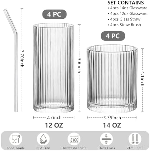 INSETLAN Set of 8 Vintage Glassware - 4 Highball Glasses 12 oz, 4 Rocks Glass Cups 14 oz, Ribbed Glassware Cocktail Glasses, Ideal for Wine, Juice