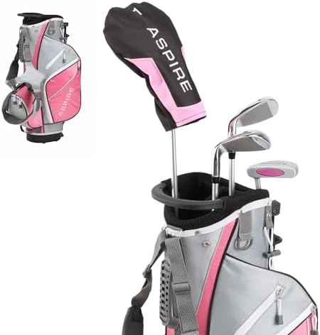 Aspire Junior Plus - Kids Complete Golf Club Set | Aircraft-Grade Aluminum, 15% Larger Clubhead, 7 Iron & Pitching Wedge, Progressive Flex Shafts, Rain Hood, 2 Headcovers