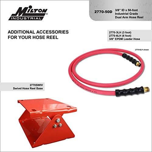 MILTON Strength Air Hose Reel w/Auto- Retractable Steel Dual Arm, 3/8" MNPT x 50 ft. Hybrid Rubber Hose - 300 Max PSI, Red - 2770-50D