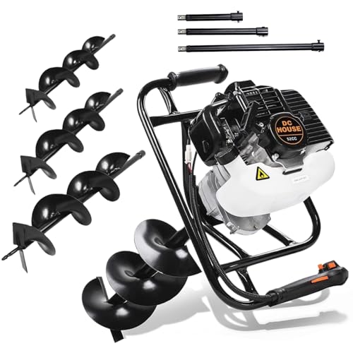 DC HOUSE 52cc 1800W Gas Powered Earth Auger EPA Certified Post Hole Digger, with 3 Drill Bits 4" 6" 8" and 3 Extension Rods 8" 12" 20"