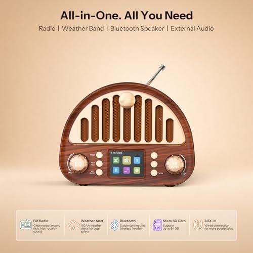 Retro FM Radio with NOAA Weather Alert & Bluetooth Speaker | 40 FM + 7 Weather Band Presets, 2" Color Display, Dual Alarm, Sleep Timer