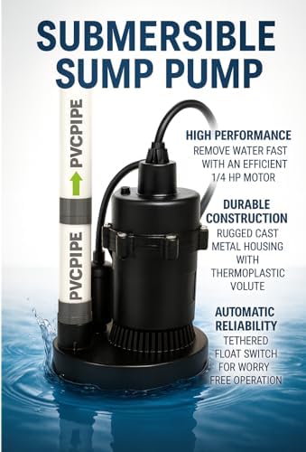 1/4 HP Submersible Sump Pump with 3000 GPH Flow Rate, 22 Ft. Head Lift, 1-1/2 in. NPT Discharge, Cast Metal Housing, Tether Float Switch