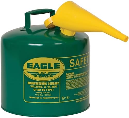 Eagle 5 Gallon Type I Green Safety Gas Can for Oil and Other Combustibles | Flame Arrester, Self-Closing Lid, and F-15 Funnel, Made in the USA