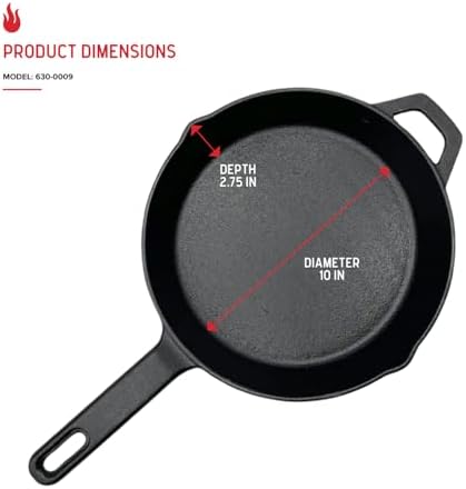 Nexgrill 10" Pre-Seasoned Cast Iron Skillet, Heavy-Duty Round Frying Pan | Offers 10" x 2.5", Contoured Handle, Hanging Loop, Side Notches, Heavy-Duty