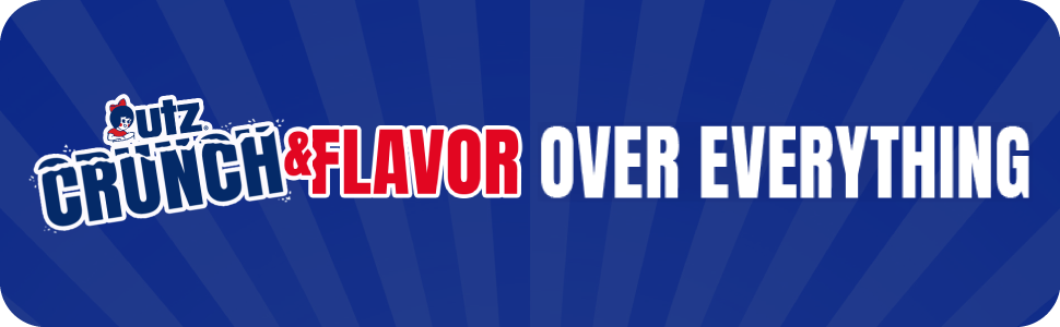 Promotional banner with Utz logo and &amp;#34;CRUNCH FLAVOR OVER EVERYTHING&amp;#34; in white, blue, red text.