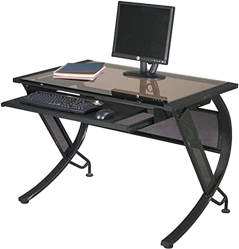 OSP Home Furnishings Horizon Computer Desk with Pull-Out Keyboard Tray, Tempered Glass Top and Steel Frame, Black