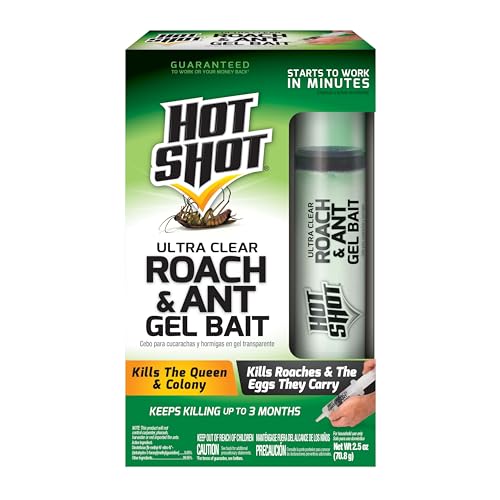 Hot Shot Ultra Clear Roach & Ant Gel Bait, 2.5 Ounces, Water-Based Gel Bait Dries Clear To Kill Roaches And Ants Indoors, Works In Minutes To Kill Queen And Entire Ant Colony, Roaches And Eggs | Kills Roaches, Their Eggs & Ants, Starts Working In Minutes…