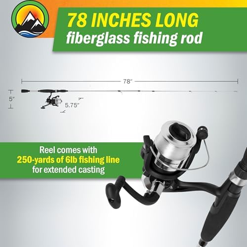 Fiberglass Fishing Pole - Strike Series 78-Inch Collapsible Rod and Spinning Reel Combo, EVA Handle, Pre-Spooled Reel, Fishing Gear for Catching Walleye, Bass, Trout, and More by Wakeman