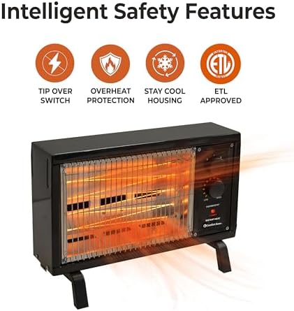 Comfort Zone Portable Indoor Radiant Space Heater, 1500 watts, Adjustable Thermostat, All Metal Body, Wire Element, Overheat Protection, Radiant Heat
