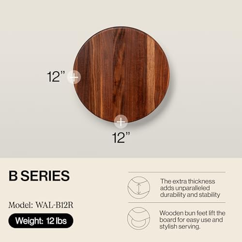 John Boos B Series Round Wooden Maple Cutting Board 12”x12” – 1.5” Thick, 12-lb Non-Reversible Butcher Block with Wood Bun Feet & Edge-Grain