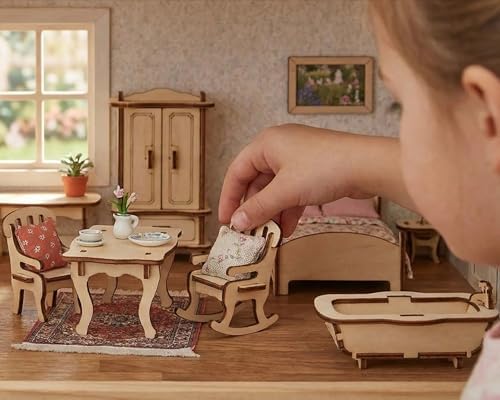 Dollhouse Furniture Set, 34 Wooden Miniatures and Accessories, 1:24 | Laser-cut DIY 3D puzzles, living, dining, kitchen, bath and bedroom pieces
