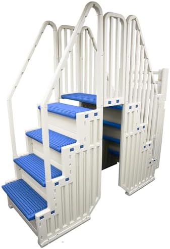 Confer Entry System for Above Ground Pools | White Frame with Blue Steps | All Resin Bridge System with Handrails and Gate