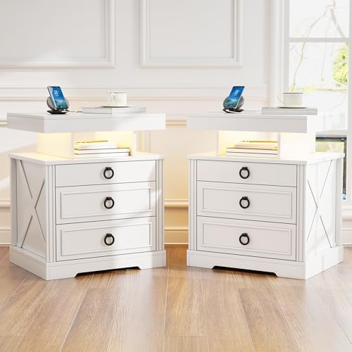 Lockable Night Stand with Gun Drawer,Charging Station,LED Lights,White | LED Nightstand with Charging Station,Farmhouse Bedside Table with 3-Color Light,End Table with 3 Drawers,Bedroom