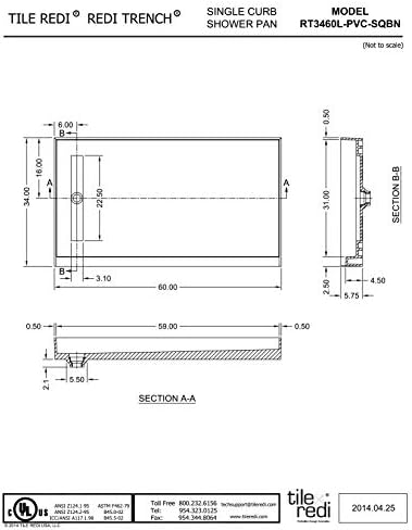 Tile Redi RT3460L-PVC-SQBN Shower Pan, 60" x 34" | Left Drain, Single Curb, 2" PVC Drain Included, Grate Included