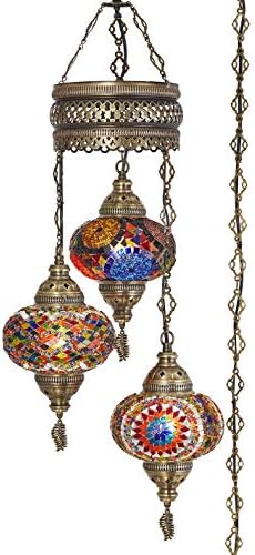 DEMMEX 3-Large 7'' Globes Turkish Moroccan Mosaic Plug-in Chandelier - Handmade Pendant Light Fixture with 15-ft Cord & Chain
