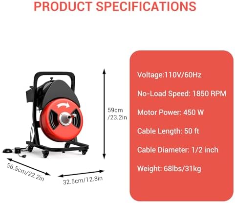 50FTx1/2 Inch Drain Cleaner Machine with Wheels, Sewer Snake Electric Drain for 2" to 4" Pipes