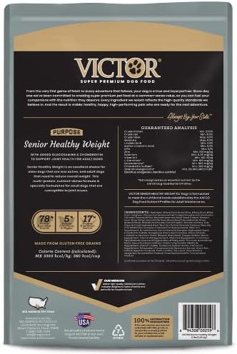 VICTOR Purpose - Senior Healthy Weight Management Dry Dog Food, 15 lb | Super Premium Dog Food, Gluten Free with Glucosamine and Chondroitin, For Hip and Joint Health, Dry Kibble For Adult Dogs