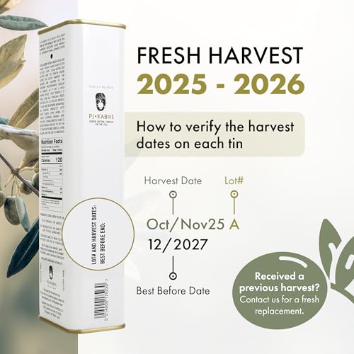 P.J. KABOS Fresh 2025/26 Harvest, High Phenolic (400+mg/kg), Natural Greek Extra Virgin Olive Oil, Kosher, Greece, Cold Extracted, 16.9 oz Tin, Koroneiki, "Family Reserve -Medium"