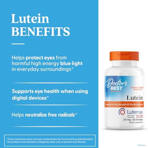 Doctor's Best Lutein Supplement 20mg with Zeaxanthin - Lutein for Eyes, Eye Health Vitamins for Men & Women, Vision and Macular Health Support, Lutemax 2020 Marigold Flower Extract - 180 Softgels