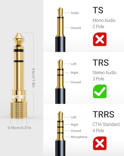 VCE 3.5mm to 1/4 Adapter Stereo Headphone Adapter, 24K Gold-Plated, 2-Pack | Seamless Audio Connection, Premium Sound Fidelity, Secure TRS Connection for Aux Cable, Guitar Amplifier, Headphone