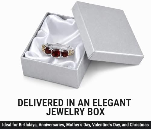 3 Stone Garnet Ring Silver with 14K Gold Plating January Birthstone Ring