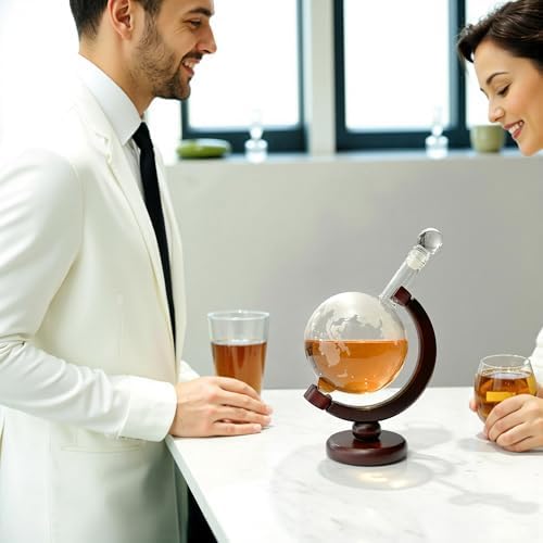 Lily's Home World Globe Whiskey Decanter with Dark Finished Wood Stand and Bar Funnel