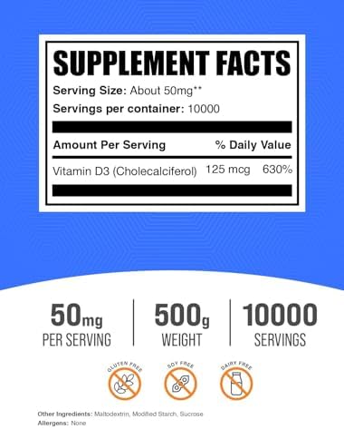 BulkSupplements.com Vitamin D3 Powder - Cholecalciferol, Vitamin D Supplements, 5000 IU - Gluten Free, 50mg (125mcg of Vitamin D3) per Serving, 250g (8.8 oz) (Pack of 1)