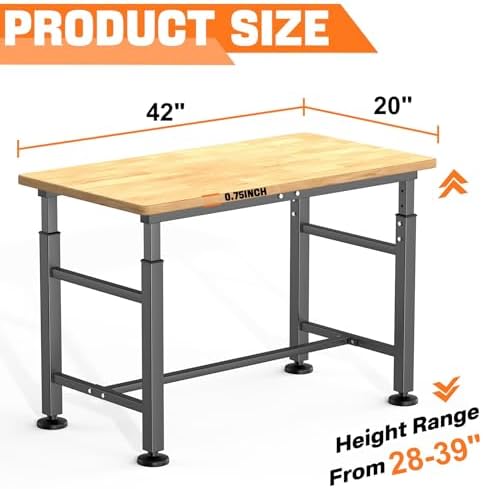 TORACK Adjustable Workbench with Rubberwood Top, Rolling 32x18 in Worktable | Height adjustable 28"–38", heavy-duty garage workbench with Wheels, up to 1000 lbs