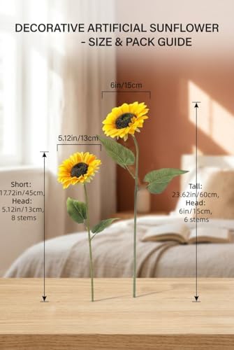 Laelfe Artificial Sunflower Flowers Long Stem Silk Fake Large Sunflowers Decoration for Outdoor Home Wedding Baby Shower Birthday Party Single Bulk