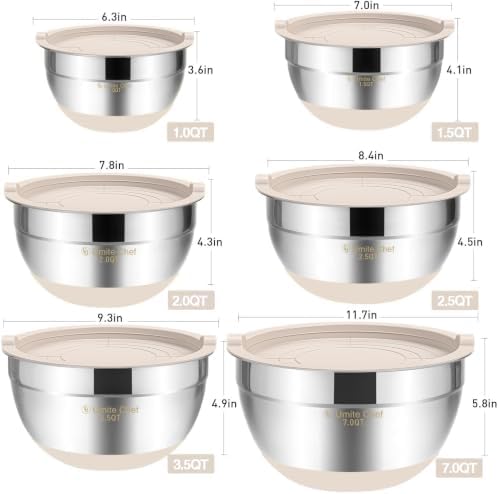 Umite Chef Mixing Bowls with Airtight Lids, 6 Piece Stainless Steel Metal Bowls, Measurement Marks & Colorful Non-Slip Bottoms Size 7, 3.5, 2.5, 2.0,1.5, 1QT, Great for Mixing & Serving